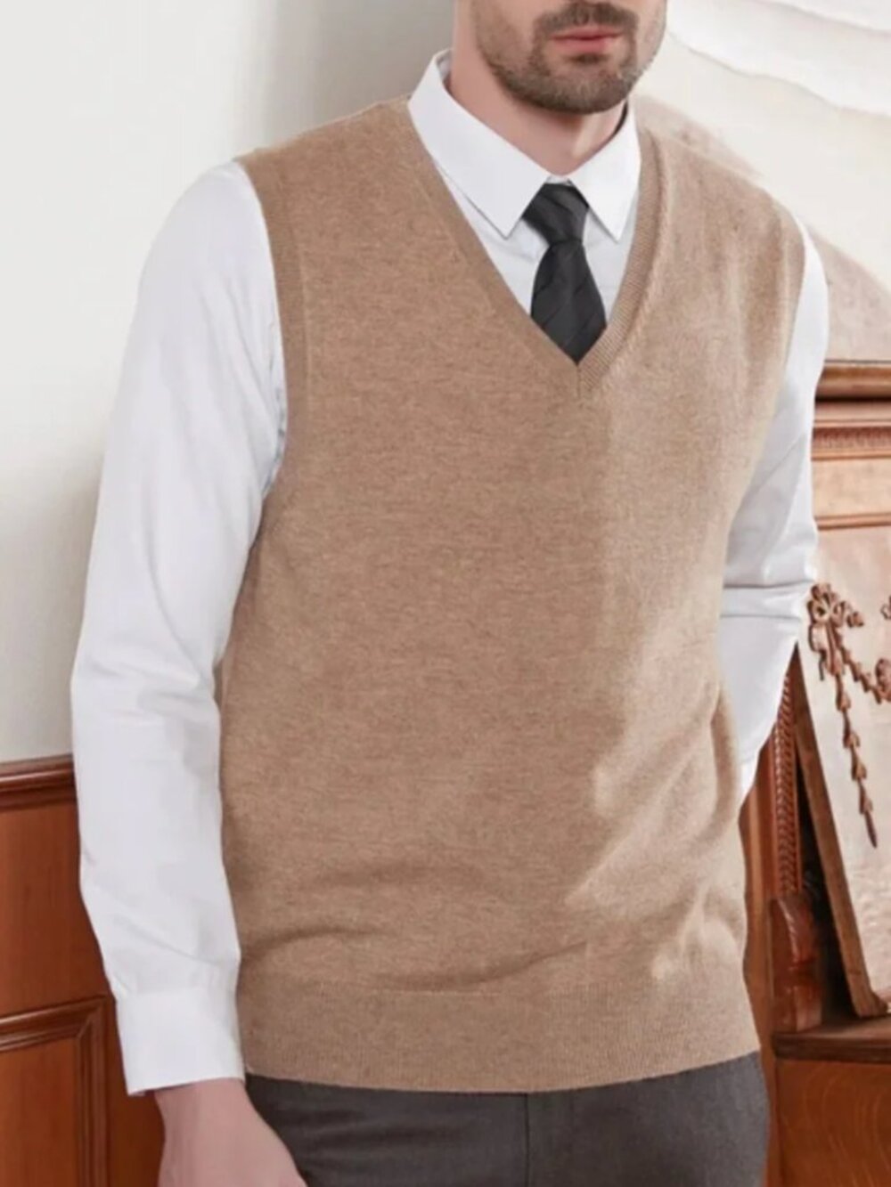 Men's Taupe V-Neck Sleeveless Knit Vest